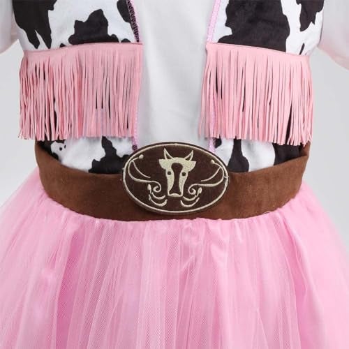 HAPNBCELE Pink Cowgirl Costume for Girls Cow Outfits with Hat Halloween Cosplay (Pink, 7-8 Years) - Image 4