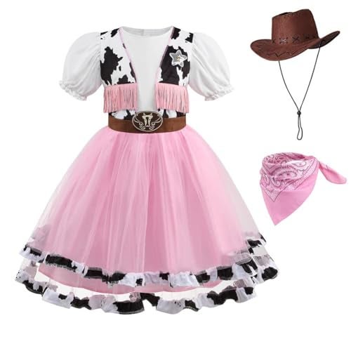 HAPNBCELE Pink Cowgirl Costume for Girls Cow Outfits with Hat Halloween Cosplay (Pink, 7-8 Years) - Image 1