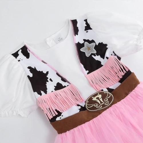 HAPNBCELE Pink Cowgirl Costume for Girls Cow Outfits with Hat Halloween Cosplay (Pink, 7-8 Years) - Image 5