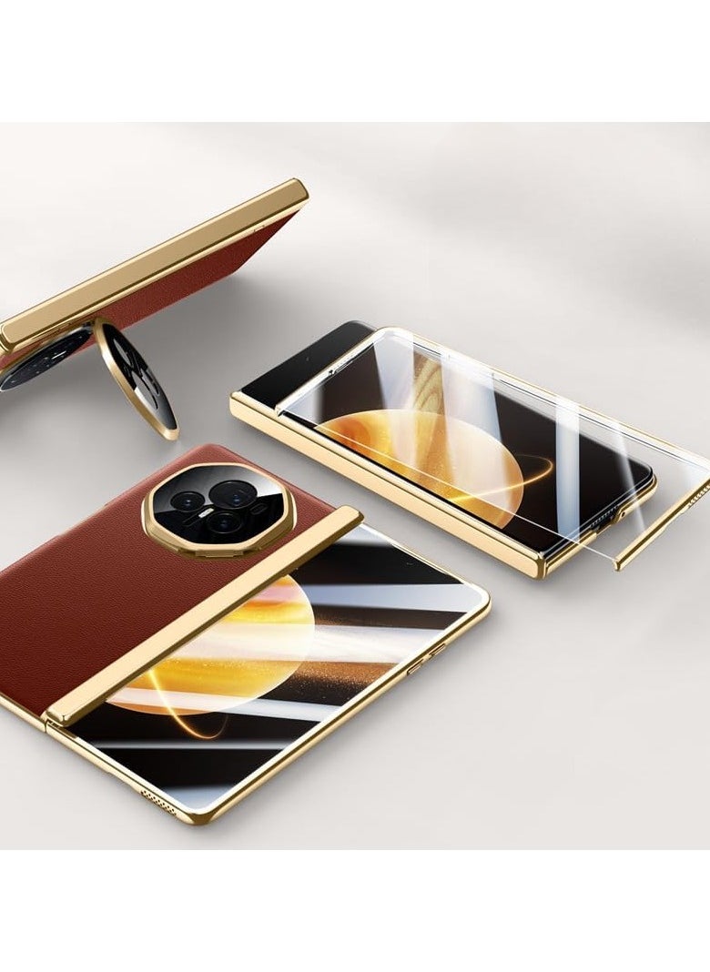 General Shell compatible with Honor Magic V3, [built-in screen protector] Plated frame PU leather metal camera bracket Hinge protector sleeve with tempered film 