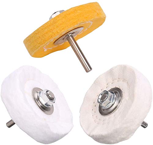 SCOTTCHEN 3 Inch Ultra fine Cotton 1 Treated Yellow Cotton 1 Fine Cotton 1 Buffing Polishing Wheel 2/5 inch Arbor Hole for Mini Bench Grinder with one 1/4" Shank for Drill - Image 2