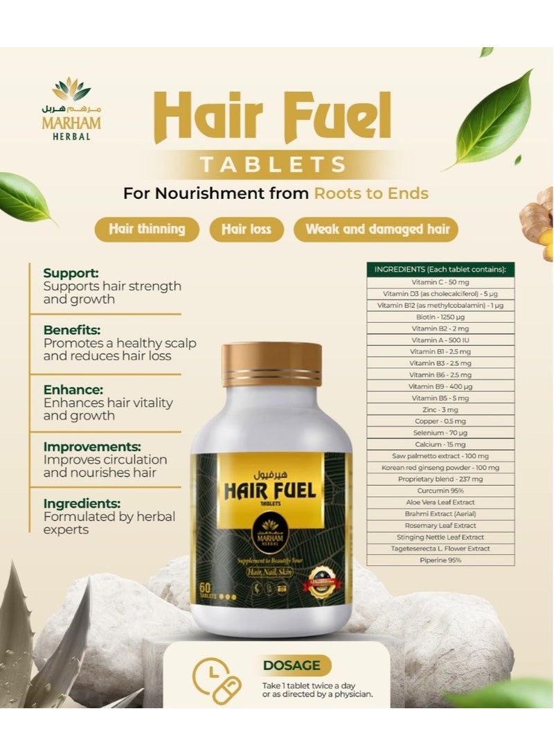 MARHAM HERBAL Hair Fuel Tablets for Hair Growth – Hair Skin and Nails Supplement with Biotin 1250 mcg, Saw Palmetto, Korean Red Ginseng, Multivitamins & Herbal Extracts – Anti Hair Fall Support for Men and Women – 60 Tablets - Image 2
