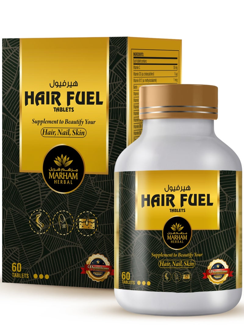 MARHAM HERBAL Hair Fuel Tablets for Hair Growth – Hair Skin and Nails Supplement with Biotin 1250 mcg, Saw Palmetto, Korean Red Ginseng, Multivitamins & Herbal Extracts – Anti Hair Fall Support for Men and Women – 60 Tablets - Image 1