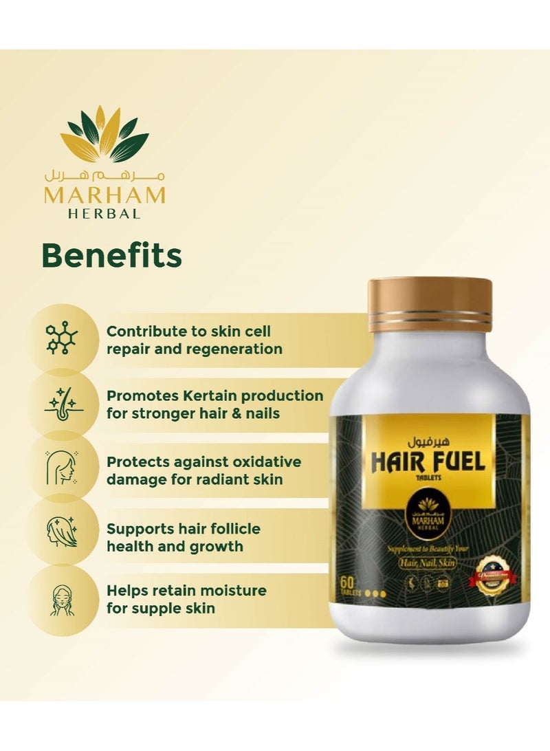 MARHAM HERBAL Hair Fuel Tablets for Hair Growth – Hair Skin and Nails Supplement with Biotin 1250 mcg, Saw Palmetto, Korean Red Ginseng, Multivitamins & Herbal Extracts – Anti Hair Fall Support for Men and Women – 60 Tablets - Image 3