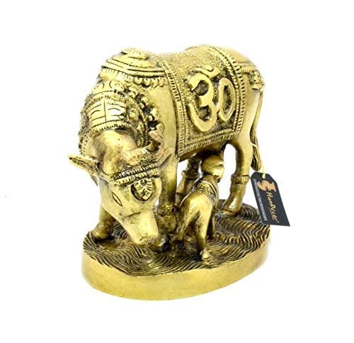 Two Moustaches Om Swastika Engraved Kamdhenu Cow Brass Showpiece - Image 2