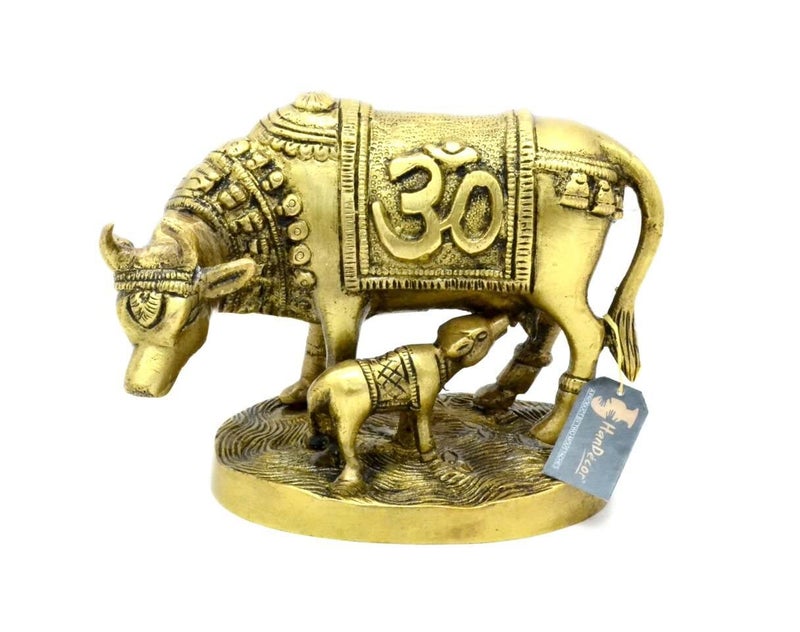 Two Moustaches Om Swastika Engraved Kamdhenu Cow Brass Showpiece - Image 1