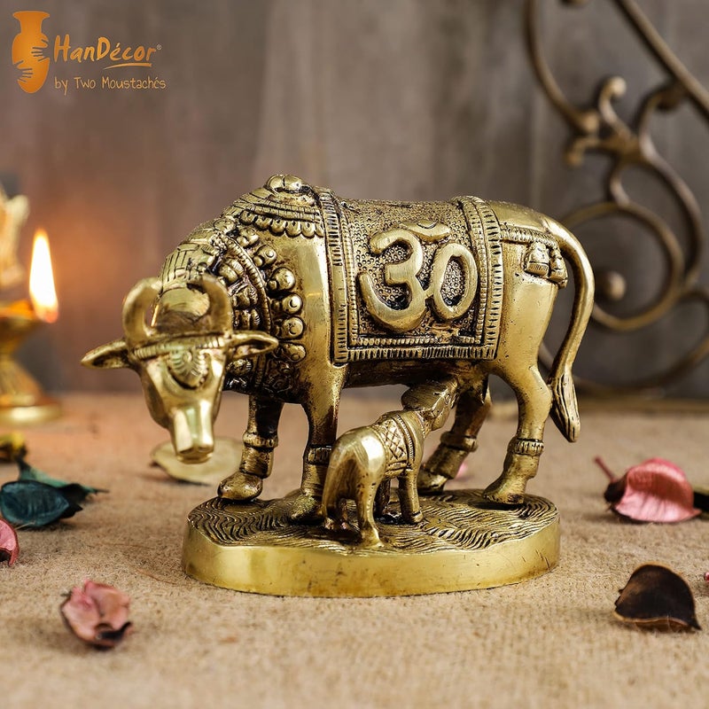Two Moustaches Om Swastika Engraved Kamdhenu Cow Brass Showpiece - Image 3
