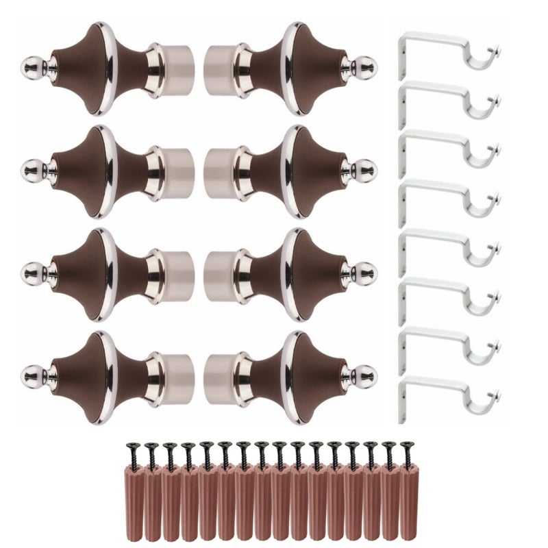 GRIVAN Stainless Steel ABS Curtain Bracket Parda Holder with Support 1 Inch Rod Pocket Finials Designer Door and Window Rod Support Fittings Curtain Rod Holder Pair of 4 Dark Brown