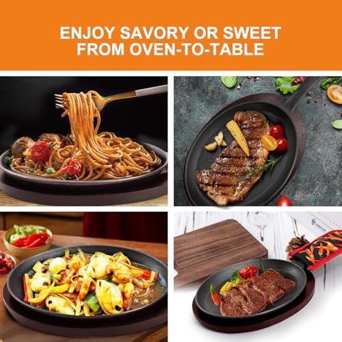 DVK Sizzling Plate with Wooden Base Fajita Skillet with Scald Protection Hot Mitt Cast Iron Plate for Home Barbeque Kitchen Service (2PCS) - Image 4