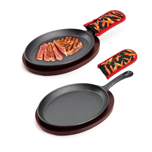 DVK Sizzling Plate with Wooden Base Fajita Skillet with Scald Protection Hot Mitt Cast Iron Plate for Home Barbeque Kitchen Service (2PCS) - Image 1