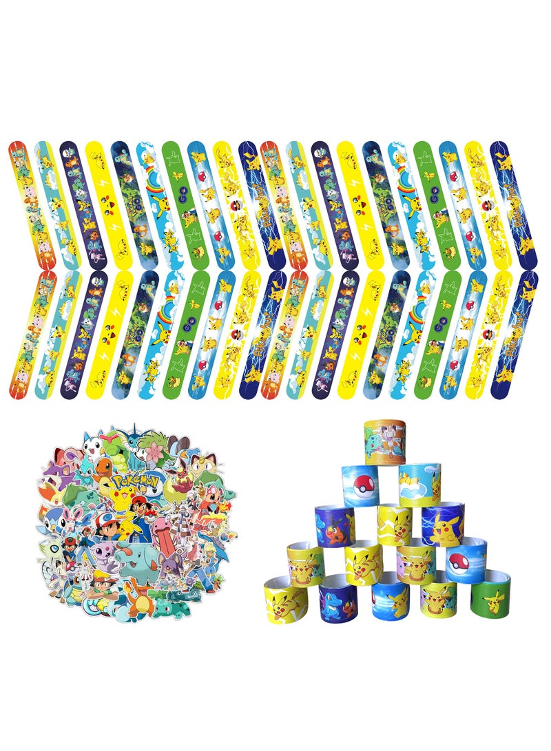 FRUITFUL PARTY 90pcs Pikachu Party Favors Set, 40pcs Pikachu Slap Bracelets and 50pcs Pikachu Stickers for Kids Boys & Girls - Pokemon Party Favors for Pikachu Birthday Party Supplies - Image 1