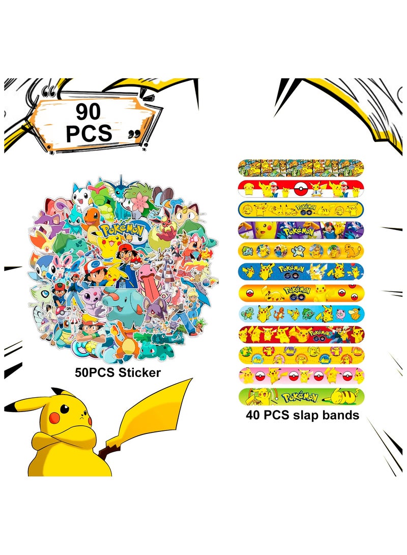 FRUITFUL PARTY 90pcs Pikachu Party Favors Set, 40pcs Pikachu Slap Bracelets and 50pcs Pikachu Stickers for Kids Boys & Girls - Pokemon Party Favors for Pikachu Birthday Party Supplies - Image 2