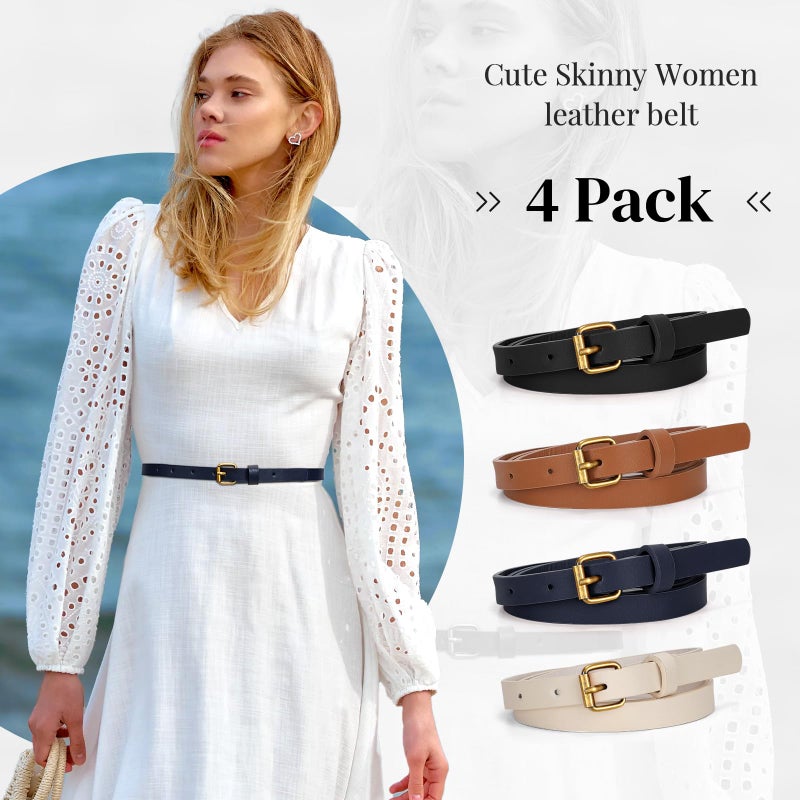 JASGOOD 4 Pack Skinny Women Leather Belt for Dresses Thin Waist Belt for Jeans Pants with Gold Buckle - Image 2