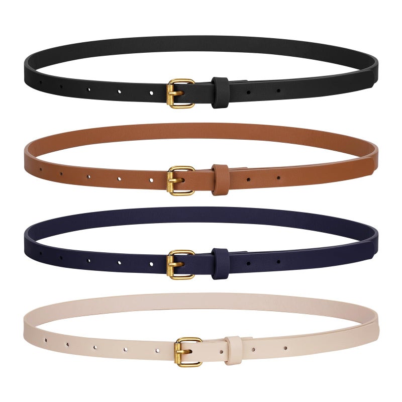 JASGOOD 4 Pack Skinny Women Leather Belt for Dresses Thin Waist Belt for Jeans Pants with Gold Buckle - Image 1