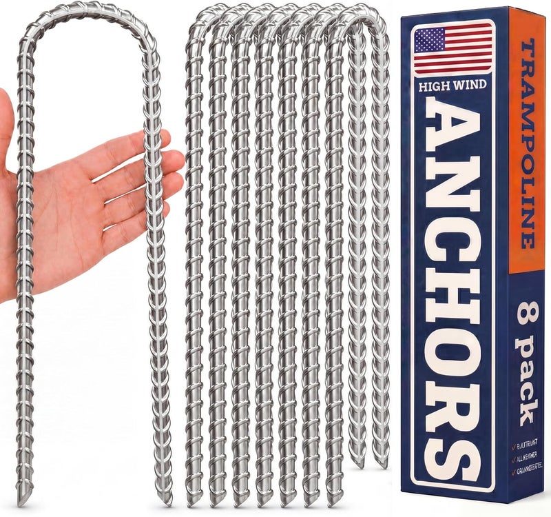 Happin 8 Pc Happin Trampoline Anchor Stakes for High Wind; Heavy Duty 12” U-Shape Ground Stakes Made of Galvanized Steel; Trampoline Tie Down Anchor Kit for Safety and Property Protection (Silver) - Image 1