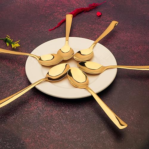 Parage Stainless Steel Gold Spoons Set of 6,18 cm Long, Premium Spoons for Home & Kitchen, Luxury Dinning Tableware Gift for House Warming,6 Pieces Golden Big Spoons - Image 2