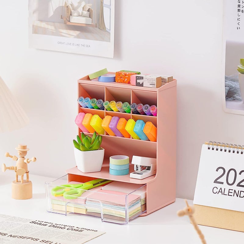 HOME CUBE Desk Organizer with Drawer Desktop Office Stationery Storage Box Desk Accessories Mobile Holder Table Organiser Study Table Desk Organizer (2020, Pink, Plastic) - Image 1