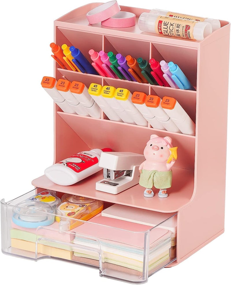 HOME CUBE Desk Organizer with Drawer Desktop Office Stationery Storage Box Desk Accessories Mobile Holder Table Organiser Study Table Desk Organizer (2020, Pink, Plastic) - Image 5
