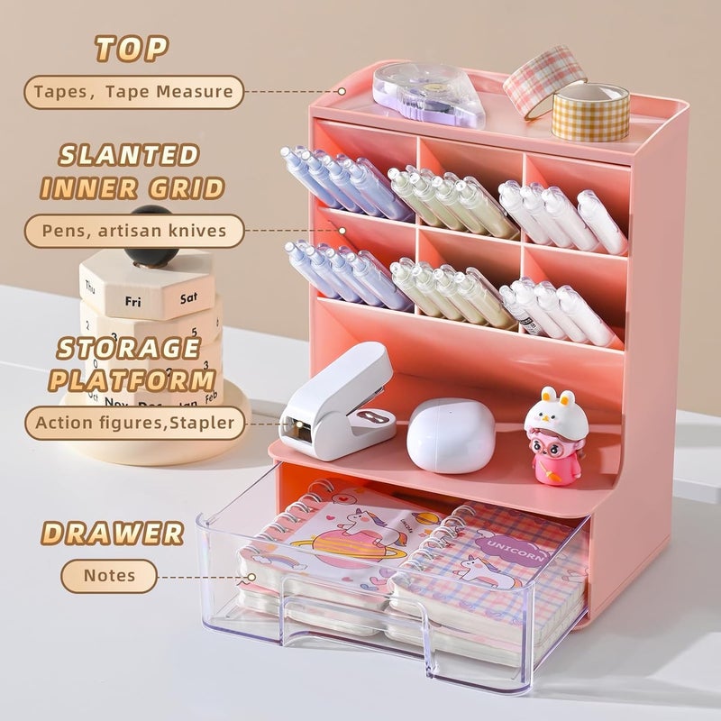 HOME CUBE Desk Organizer with Drawer Desktop Office Stationery Storage Box Desk Accessories Mobile Holder Table Organiser Study Table Desk Organizer (2020, Pink, Plastic) - Image 2