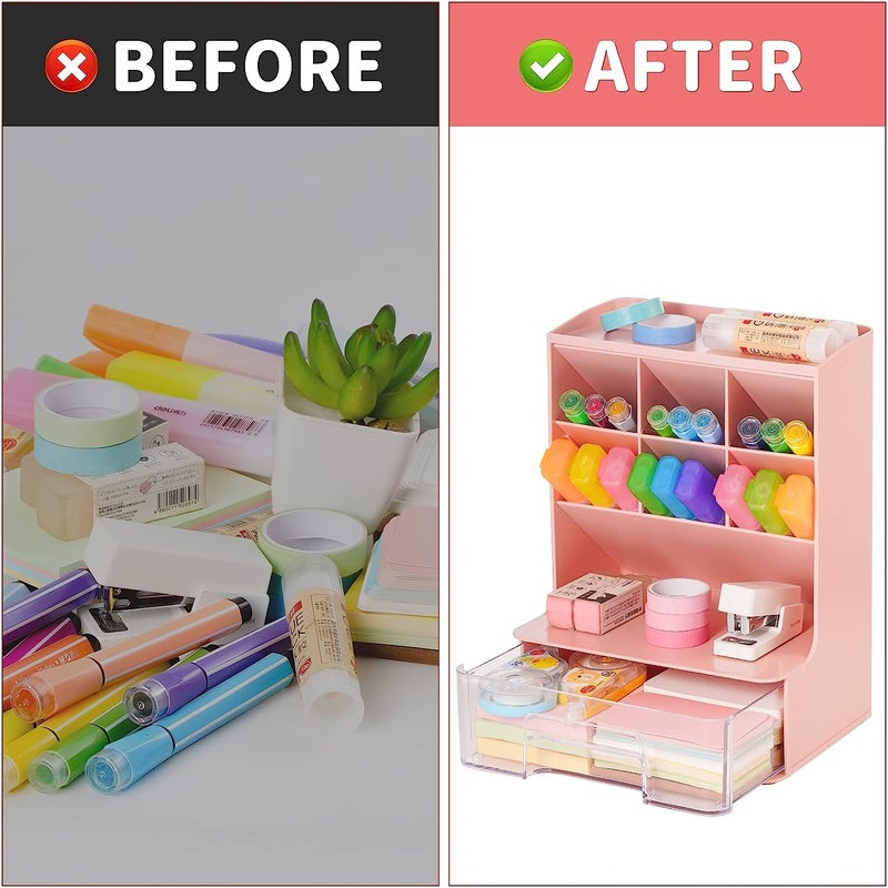 HOME CUBE Desk Organizer with Drawer Desktop Office Stationery Storage Box Desk Accessories Mobile Holder Table Organiser Study Table Desk Organizer (2020, Pink, Plastic) - Image 4