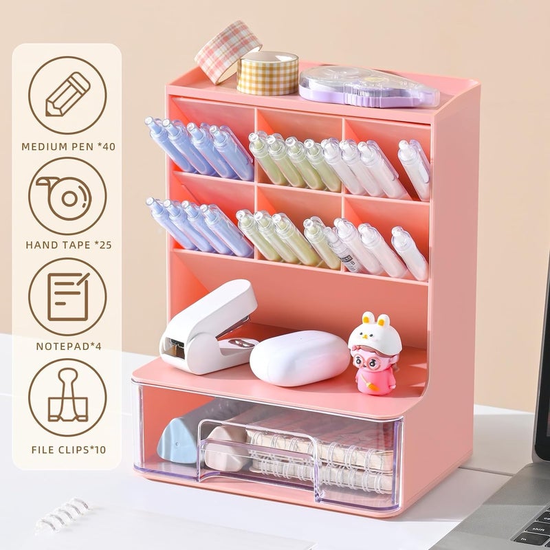 HOME CUBE Desk Organizer with Drawer Desktop Office Stationery Storage Box Desk Accessories Mobile Holder Table Organiser Study Table Desk Organizer (2020, Pink, Plastic) - Image 3