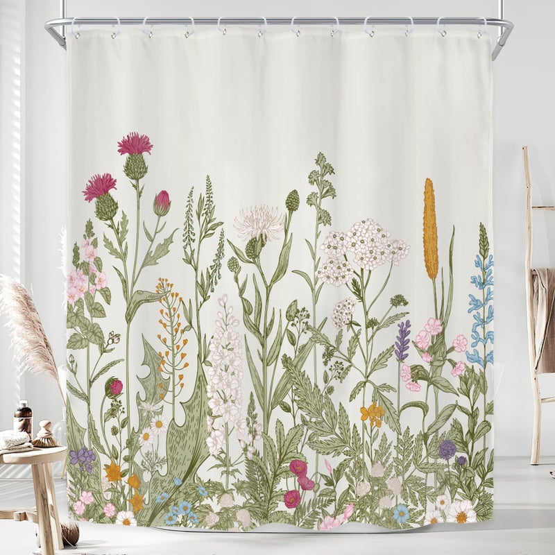 Riyidecor Fabric Green Leaves Shower Curtain for Bathroom Decor 60Wx72H Inch Floral Flower Botanical Wildflower Decorative Bath Set Plant Herbs Bathroom Accessories Polyester Waterproof 12 Pack Hooks