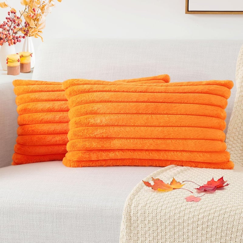 Pallene Faux Fur Plush Fall Throw Pillow Covers 12x20 Set of 2, Luxury Soft Fluffy Striped Decorative Pillow Covers for Sofa, Couch, Living Room, Burnt Orange - Image 1