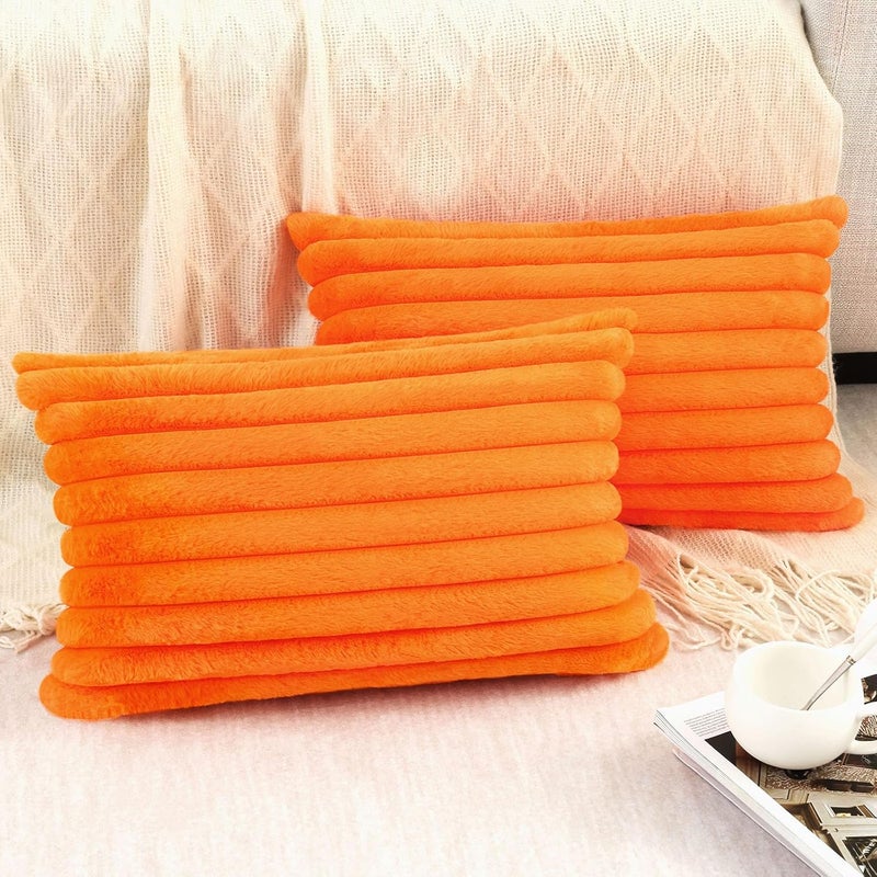 Pallene Faux Fur Plush Fall Throw Pillow Covers 12x20 Set of 2, Luxury Soft Fluffy Striped Decorative Pillow Covers for Sofa, Couch, Living Room, Burnt Orange - Image 4