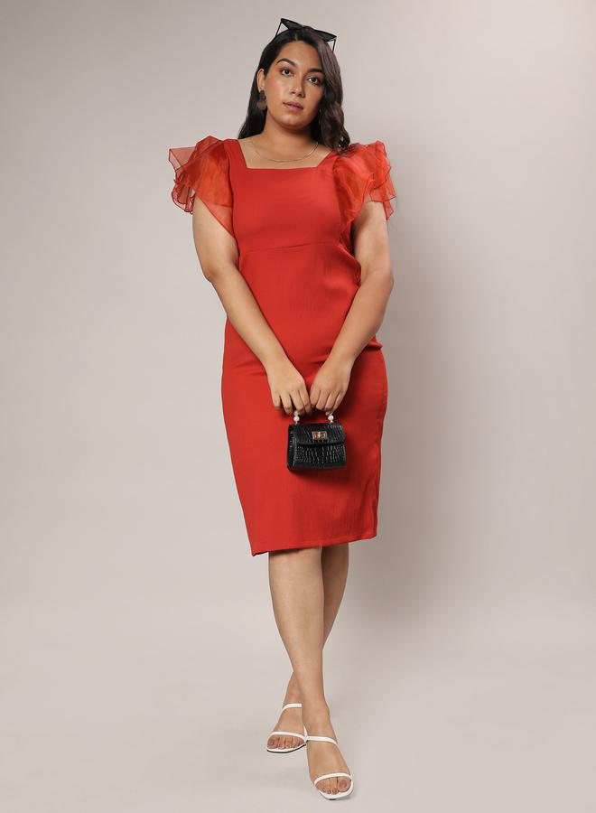 كامبوس سوترا فستان ميدي ضيق بياقة مربعة واكمام كشكش - Image 4