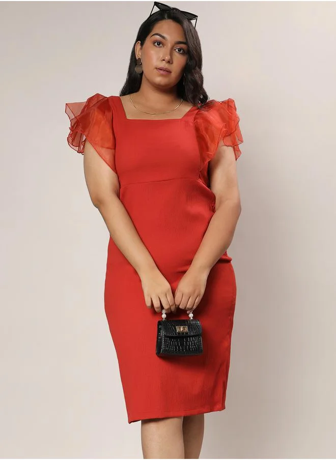 Campus Sutra Square Neck Bodycon Midi Dress with Ruffled Sleeves by Styli