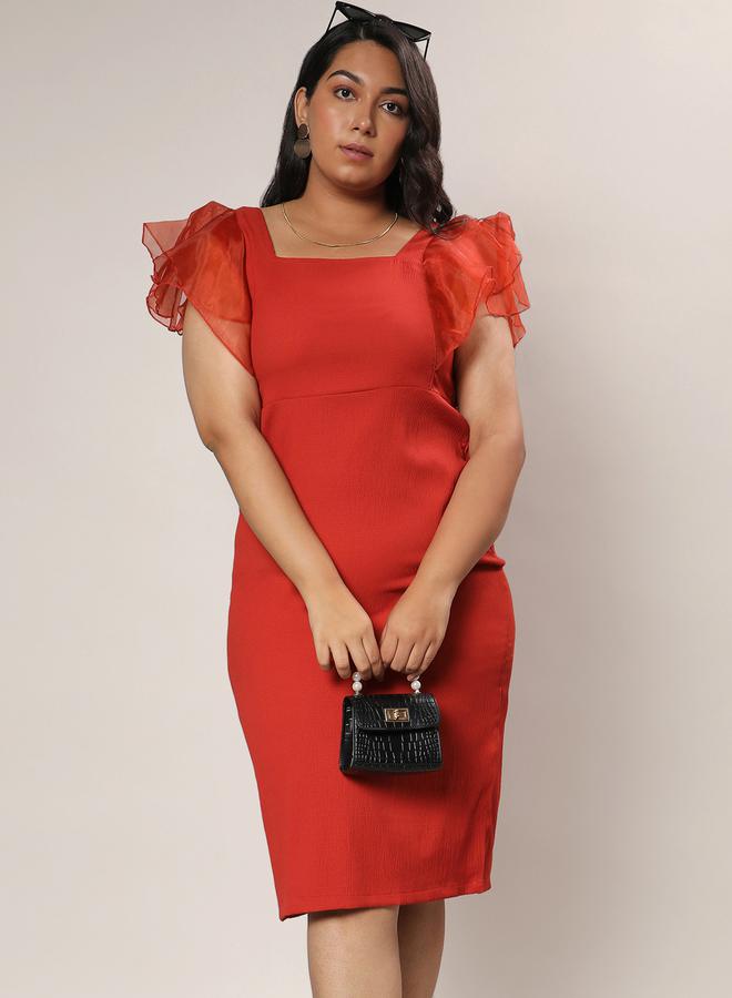 كامبوس سوترا فستان ميدي ضيق بياقة مربعة واكمام كشكش - Image 1