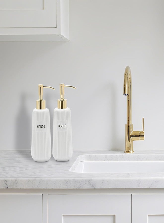 Karisky Kitchen Soap Dispenser Set with Gold Stainless Steel Pump and Funnel, Modern Ceramic Refillable Hand and Dish Soap Dispenser Set for Kitchen, Bathroom, Office, Hotel, Matte White - Image 2