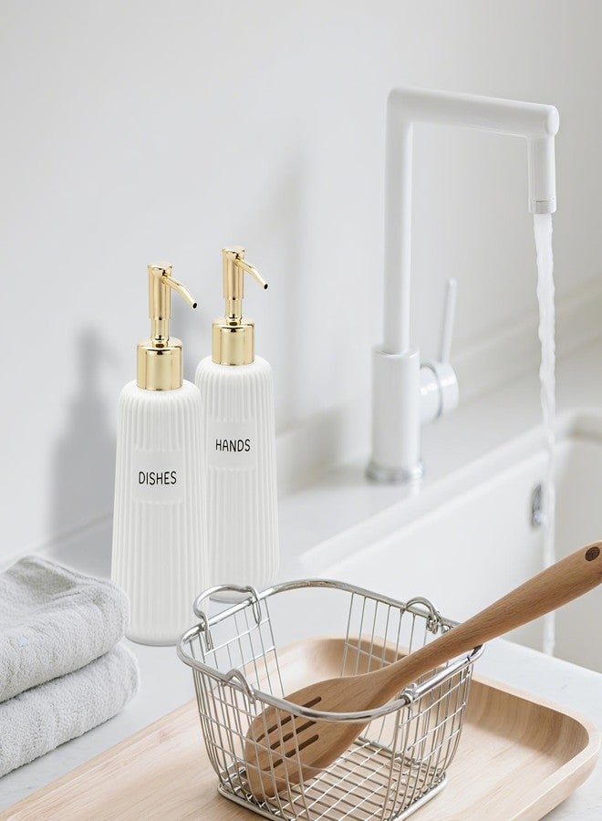 Karisky Kitchen Soap Dispenser Set with Gold Stainless Steel Pump and Funnel, Modern Ceramic Refillable Hand and Dish Soap Dispenser Set for Kitchen, Bathroom, Office, Hotel, Matte White - Image 5