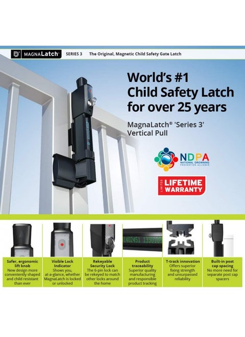 Dandd Technologies Ml3Vpka Magnalatch Vertical Pull, Child And Pet Safety Magnetic Gate Latch And Lock, For Any Square Gate