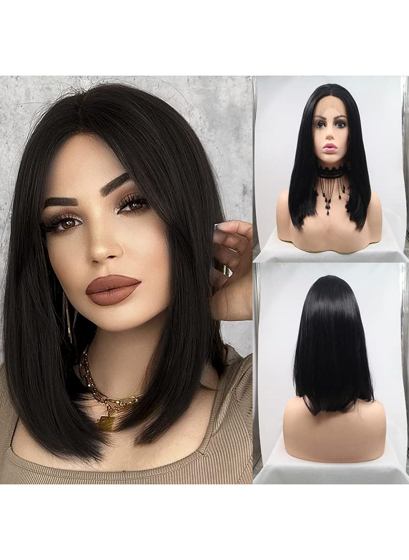 Xiweiya xiweiya 1B Black Short Straight 13  4 Lace Front Wig Black Bob Wig Shoulder Length Middle Part Wig Natural Looking Wigs for Women Daily Party Use 14inch 