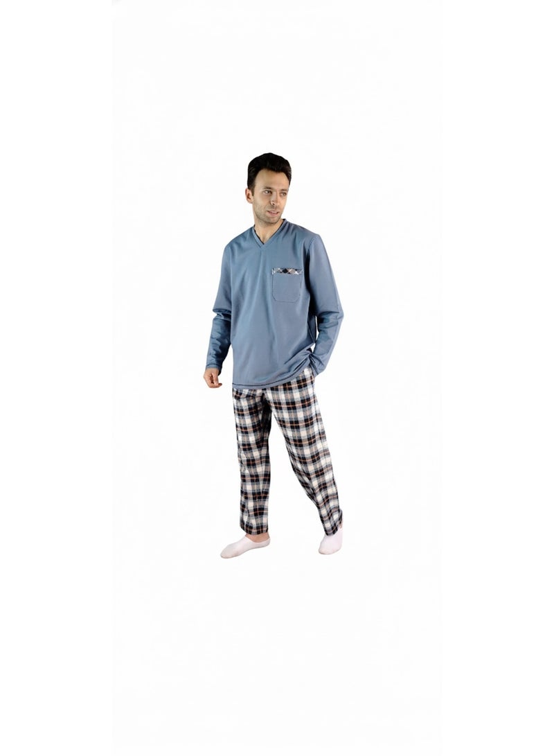 Jet Men Winter Pajama Set Long Sleeve & Carreau Bottom-Blue