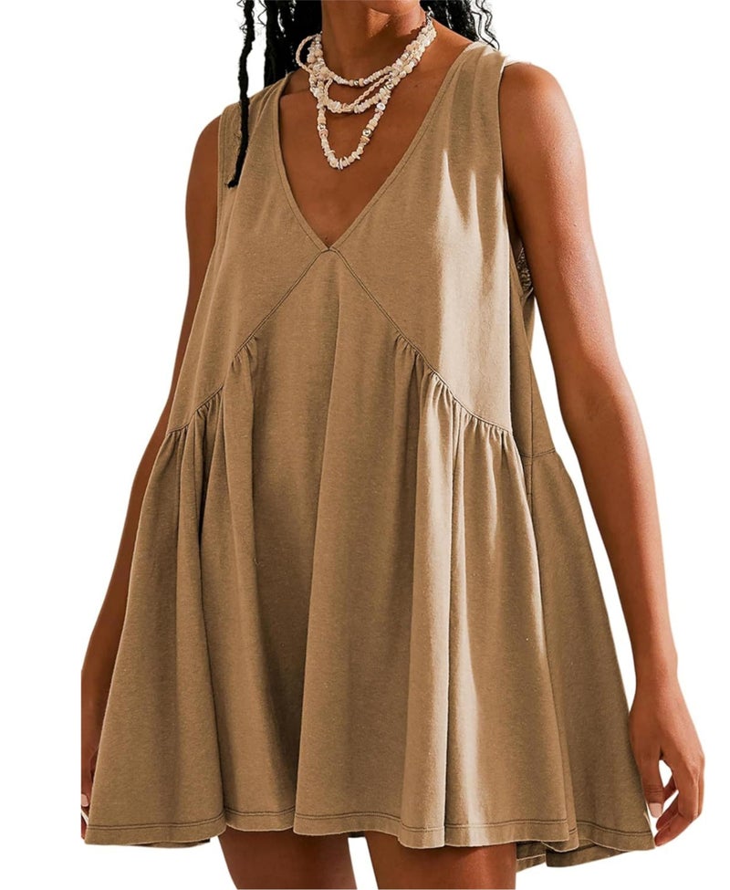 OPCAKM Women's V Neck Sleeveless Mini Dress Loose Summer Pleated Swing Flowy Sundress(Khaki-L) - Image 5