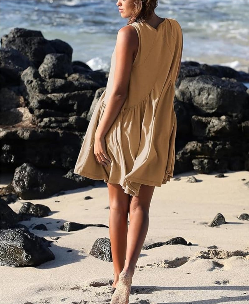 OPCAKM Women's V Neck Sleeveless Mini Dress Loose Summer Pleated Swing Flowy Sundress(Khaki-L) - Image 4