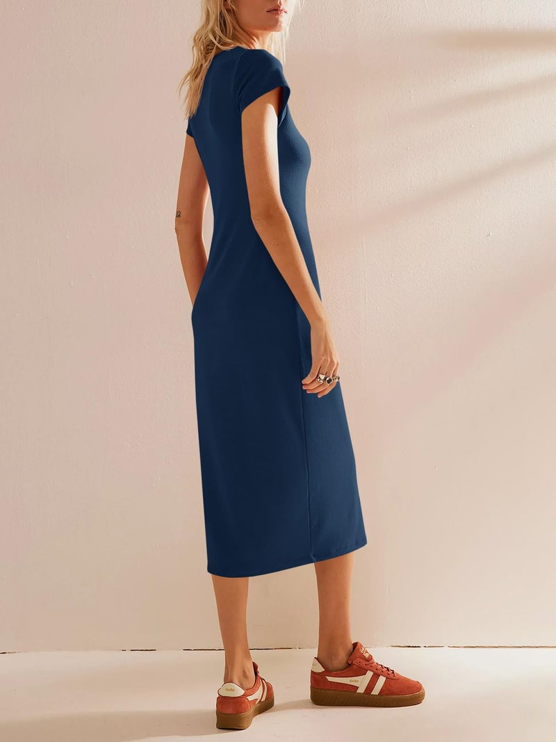 Wenrine Women's Short Sleeve T-Shirt Dress Summer Crew Neck Basic Solid Casual Long Midi Dresses Navy - Image 5