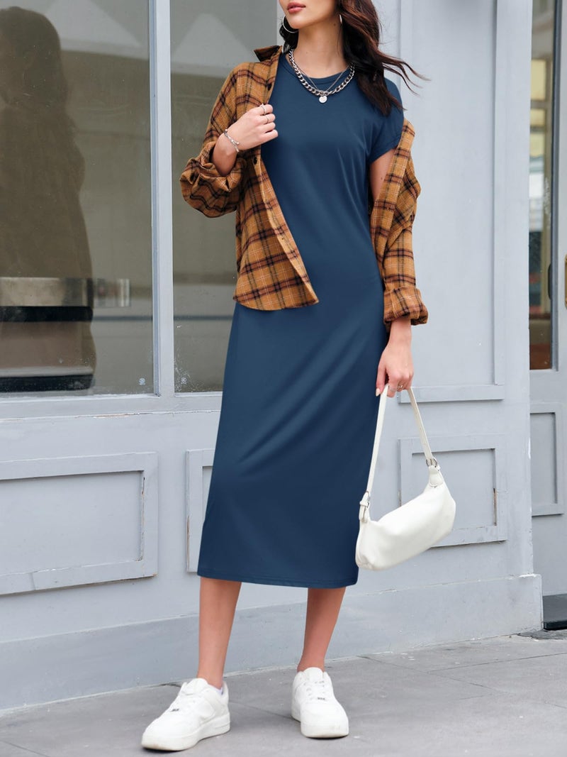 Wenrine Women's Short Sleeve T-Shirt Dress Summer Crew Neck Basic Solid Casual Long Midi Dresses Navy - Image 3