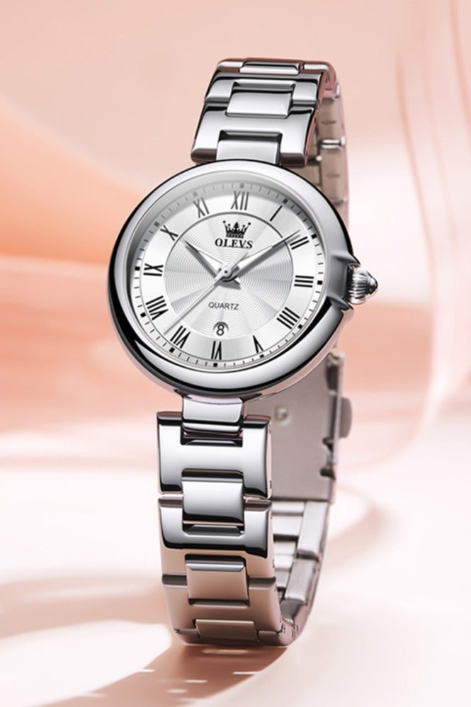 أوليفز ساعة كوارتز نسائية بتصميم فاخر أنيق، مرصعة بالكريستال، بسوار من الفولاذ المقاوم للصدأ، مقاومة للماء مع وظيفة التقويم - Image 1