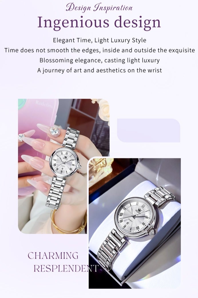 أوليفز ساعة كوارتز نسائية بتصميم فاخر أنيق، مرصعة بالكريستال، بسوار من الفولاذ المقاوم للصدأ، مقاومة للماء مع وظيفة التقويم - Image 2