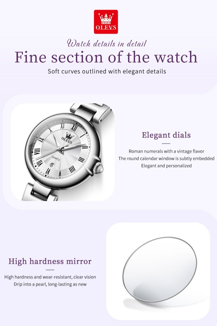 أوليفز ساعة كوارتز نسائية بتصميم فاخر أنيق، مرصعة بالكريستال، بسوار من الفولاذ المقاوم للصدأ، مقاومة للماء مع وظيفة التقويم - Image 5