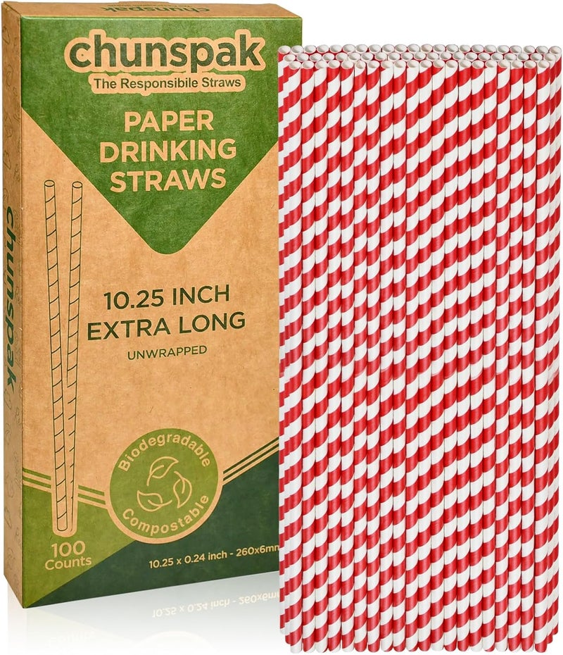 chunspak قصبة ورقية طويلة إضافية بطول 10 بوصات، مخططة باللون الأحمر، عدد 100، قابلة للتحلل البيولوجي بنسبة 100%، للمشروبات والحفلات والحرف اليدوية والأكواب الطويلة والزجاجات وعصي حلوى القطن وقصبات شرب عيد الميلاد - Image 1
