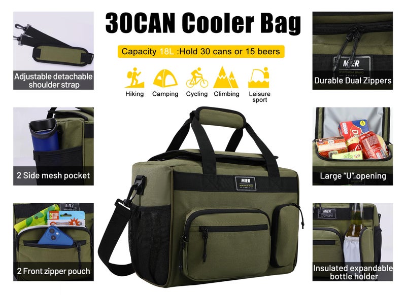 MIER Large Lunch Box for Men Women Adult Insulated Soft Sided Cooler 30 Can Leakproof Lunch Bag Collapsible for Work Travel Camping Beach, 18L (Army Green-No Luggage Strap) - Image 3