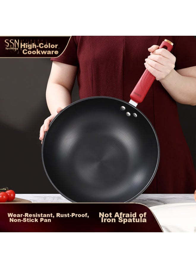 Ssn Wok Iron Pan, Non-coated Household Stir-fry Pan, Induction Cooker Wok, Pure Iron Gas Stove Wok, Ultra-light Stir-frying Pan With Spatula, 30cm - Image 1
