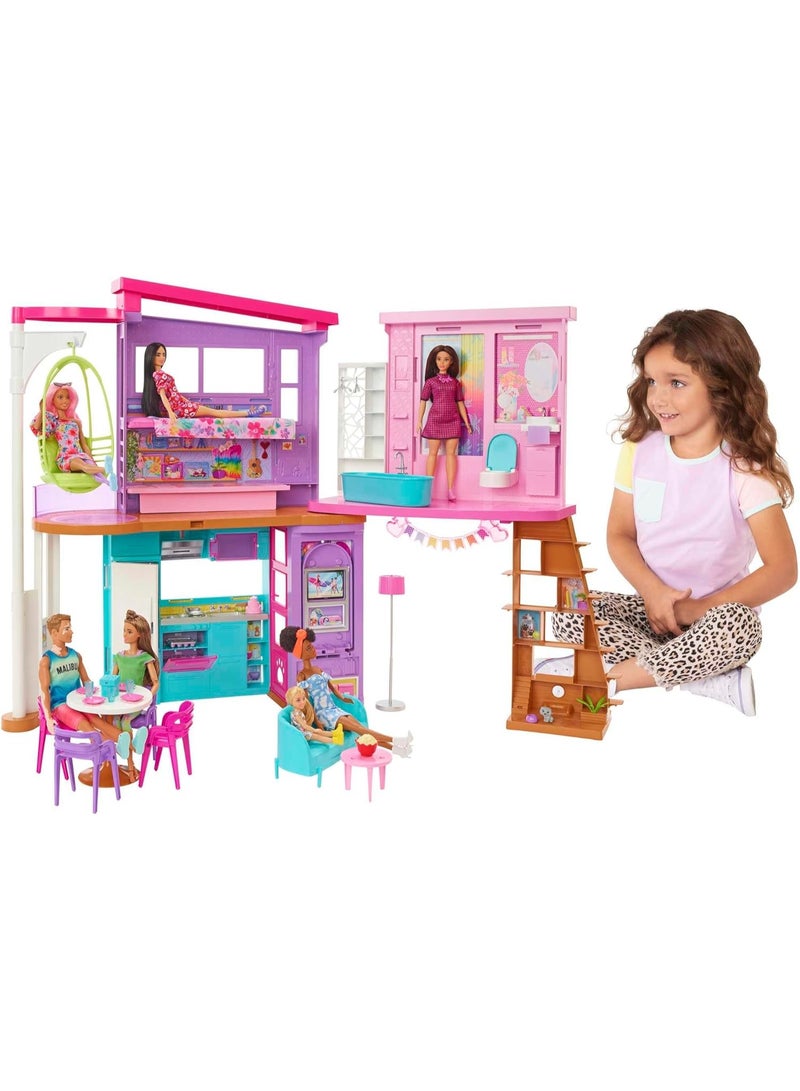 Barbie Malibu House Playset - 36-Piece Dream Vacation Dollhouse with 6 Rooms & Swing Elevator, Age 3+ - Image 1