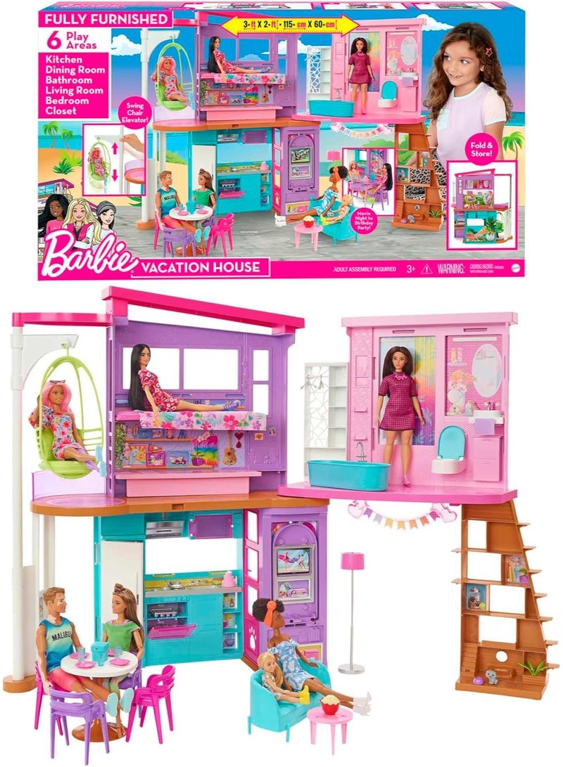 Barbie Malibu House Playset - 36-Piece Dream Vacation Dollhouse with 6 Rooms & Swing Elevator, Age 3+ - Image 2