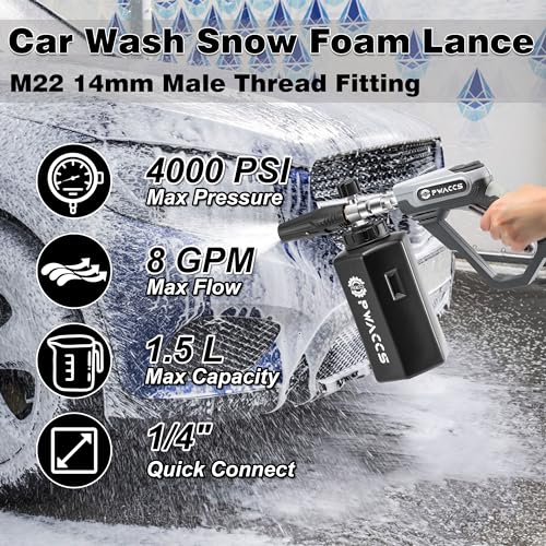 PWACCS Pressure Washer Foam Gun, Short Pressure Washer Gun, Foam Cannon for Car Wash Kit with 1/4" Quick Connector, Pressure Wash Handle for Power Washer with M22 Male Inlet, 4000 PSI, 1.5 Liter - Image 4