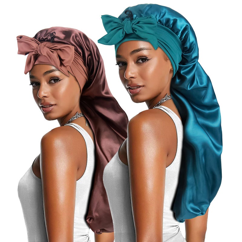 Heniho 2pcs Long Satin Bonnets with Tie Band, Large Braid Bonnet Silky Hair Cap for Locs Women Sleeping, H - Image 1